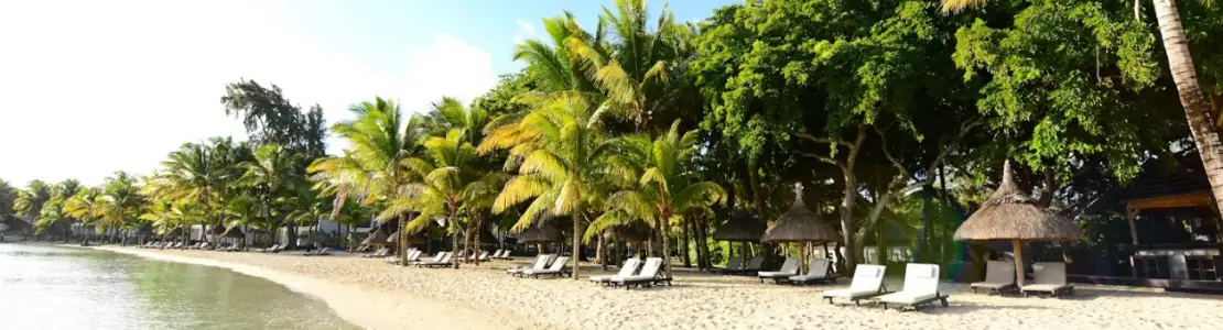 صورة: The Ravenala Attitude: A palm-lined tropical beach with calm water, sun loungers, and thatched parasols.