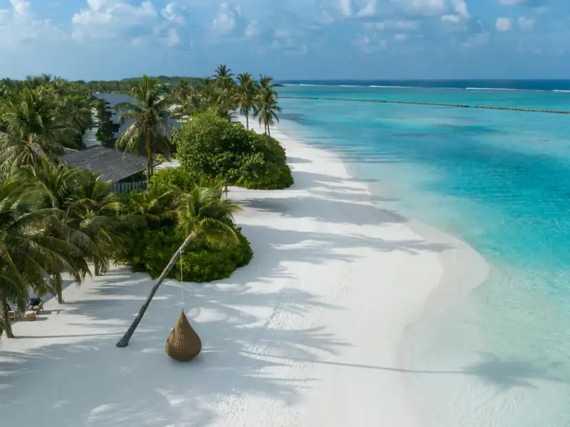 Nala Maldives by Jawakara: A palm-lined white-sand beach borders the resort and a clear turquoise lagoon.